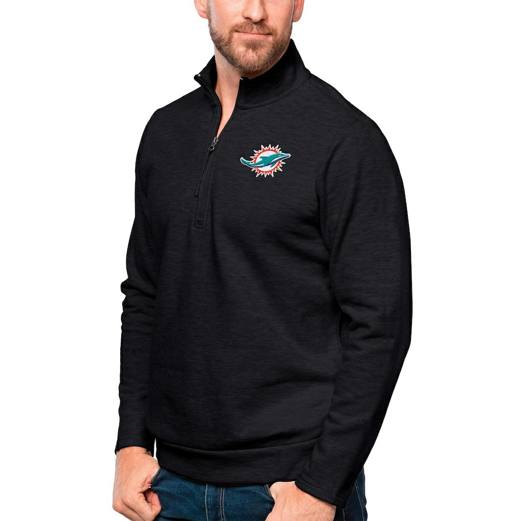 Miami Dolphins Antigua Gambit Quarter-Zip Pullover Top - Heathered Black Pullover