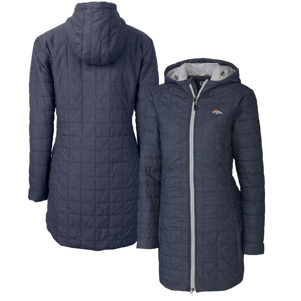 Denver Broncos Cutter & Buck Women's Rainier Primaloft Eco Hooded Long Lightweight Coat - Heather Navy