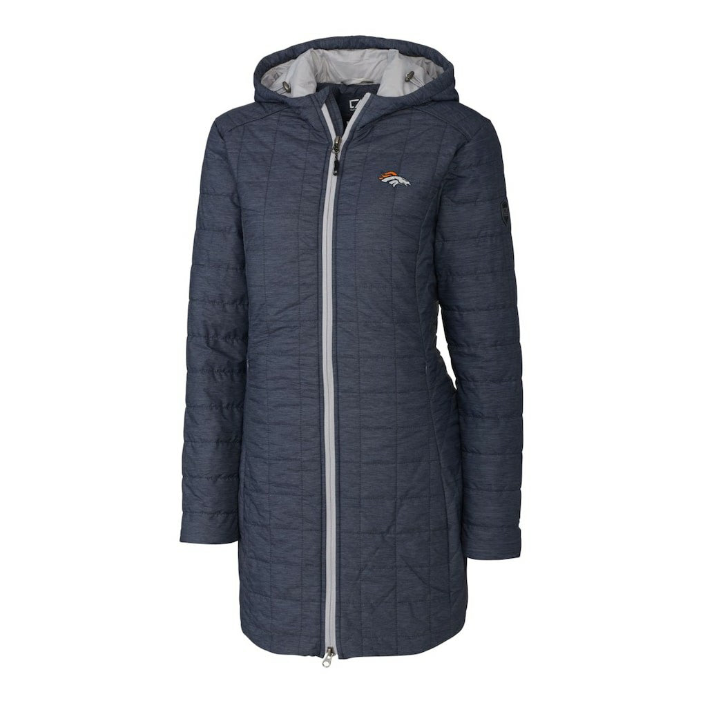 Denver Broncos Cutter & Buck Women's Rainier Primaloft Eco Hooded Long Lightweight Coat - Heather Navy