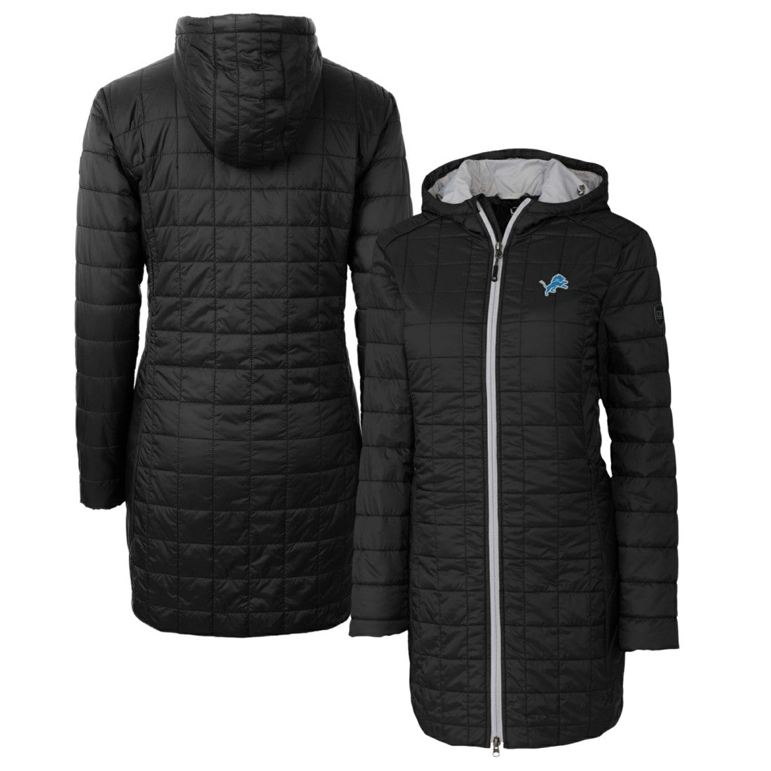 Detroit Lions Cutter & Buck Women's Rainier Primaloft Eco Hooded Long Lightweight Coat - Black