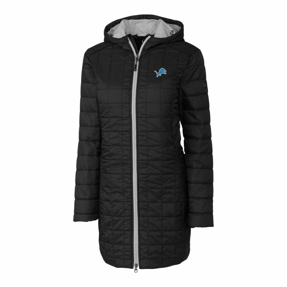 Detroit Lions Cutter & Buck Women's Rainier Primaloft Eco Hooded Long Lightweight Coat - Black