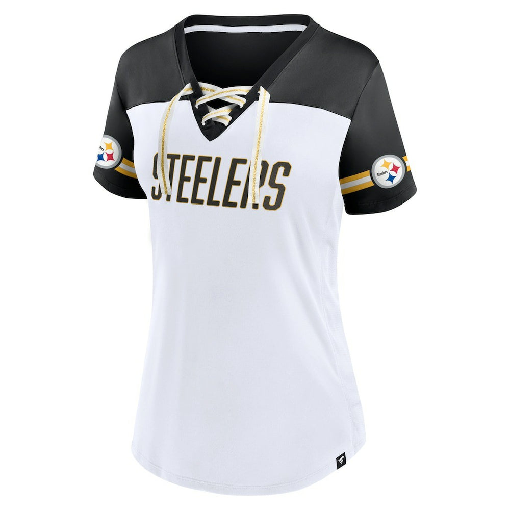 Pittsburgh Steelers Women's Dueling Slant V-Neck Lace-Up T-Shirt - White T-shirts
