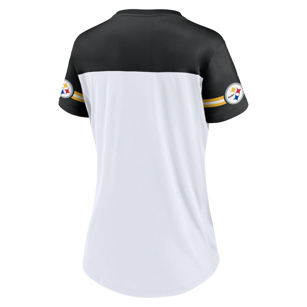 Pittsburgh Steelers Women's Dueling Slant V-Neck Lace-Up T-Shirt - White T-shirts