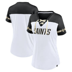 New Orleans Saints Women's Dueling Slant V-Neck Lace-Up T-Shirt - White T-shirts