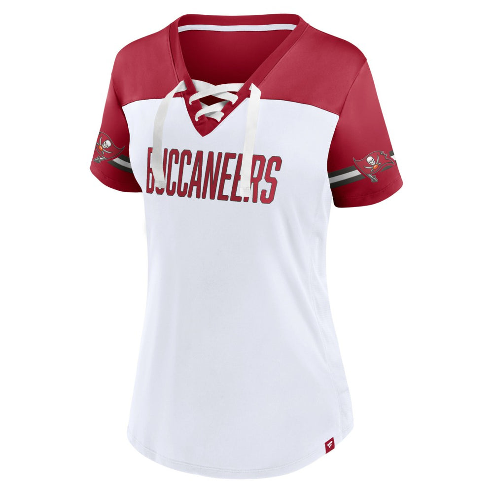 Tampa Bay Buccaneers Women's Dueling Slant V-Neck Lace-Up T-Shirt - White T-shirts