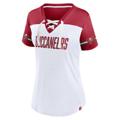 Tampa Bay Buccaneers Women's Dueling Slant V-Neck Lace-Up T-Shirt - White T-shirts