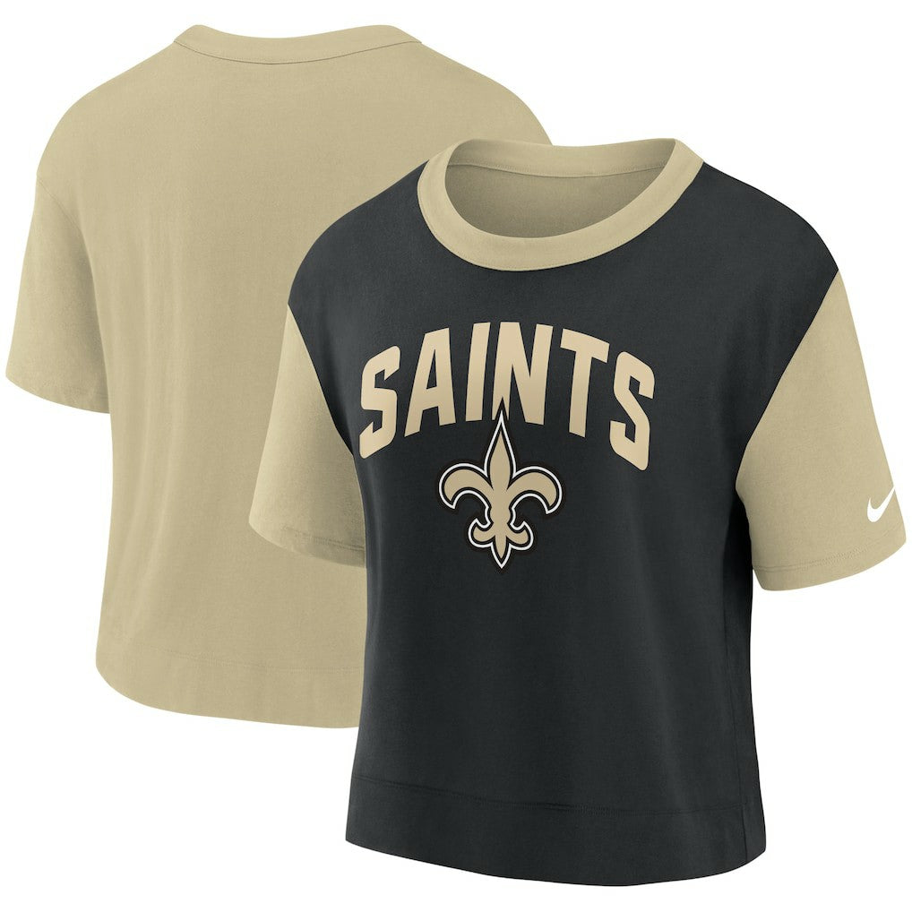 New Orleans Saints Women's High Hip Fashion T-Shirt - Gold/Black T-shirts