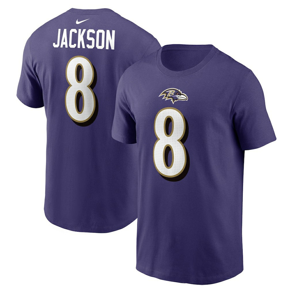 Lamar Jackson Baltimore Ravens Player Name & Number T-Shirt - Purple T-shirts