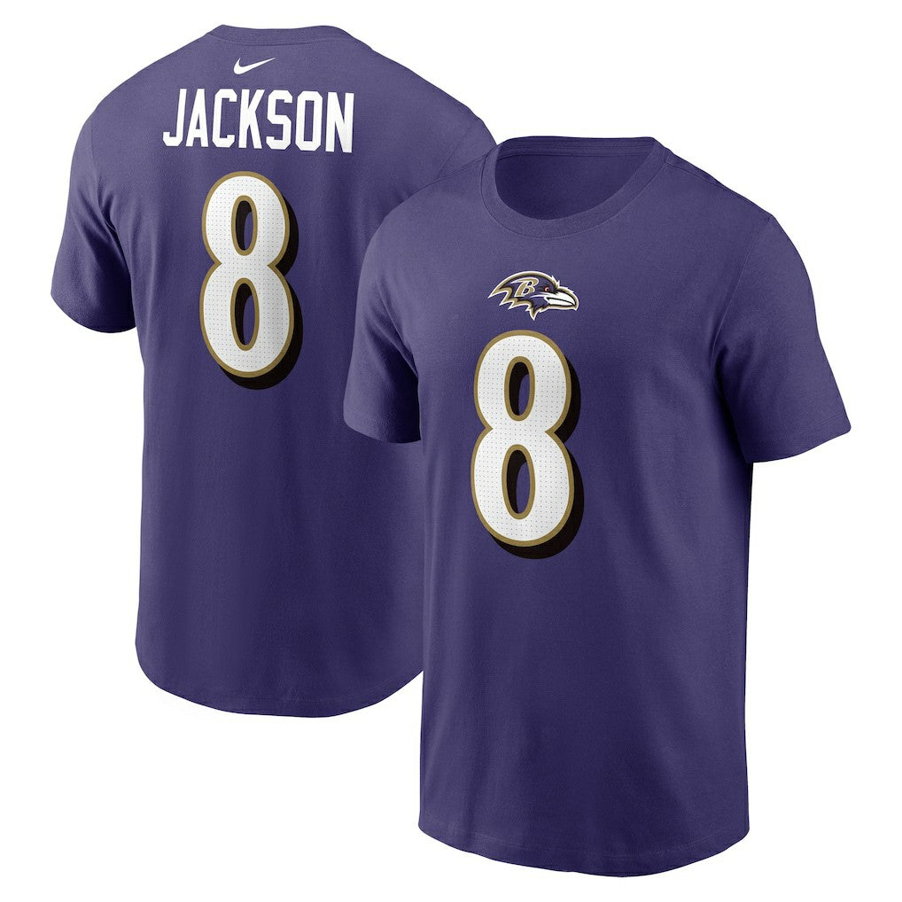 Lamar Jackson Baltimore Ravens Player Name & Number T-Shirt - Purple T-shirts