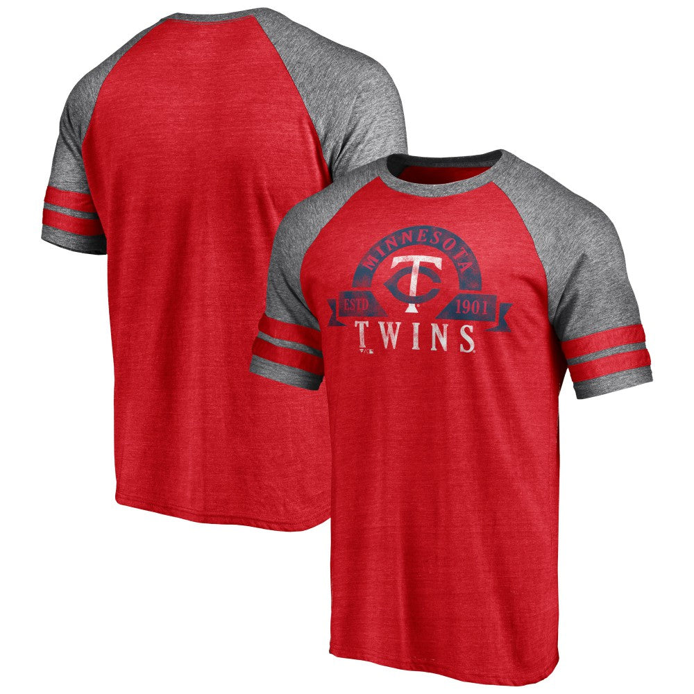 Minnesota Twins Fanatics Utility Two-Stripe Raglan Tri-Blend T-Shirt - Heather Red T-shirts
