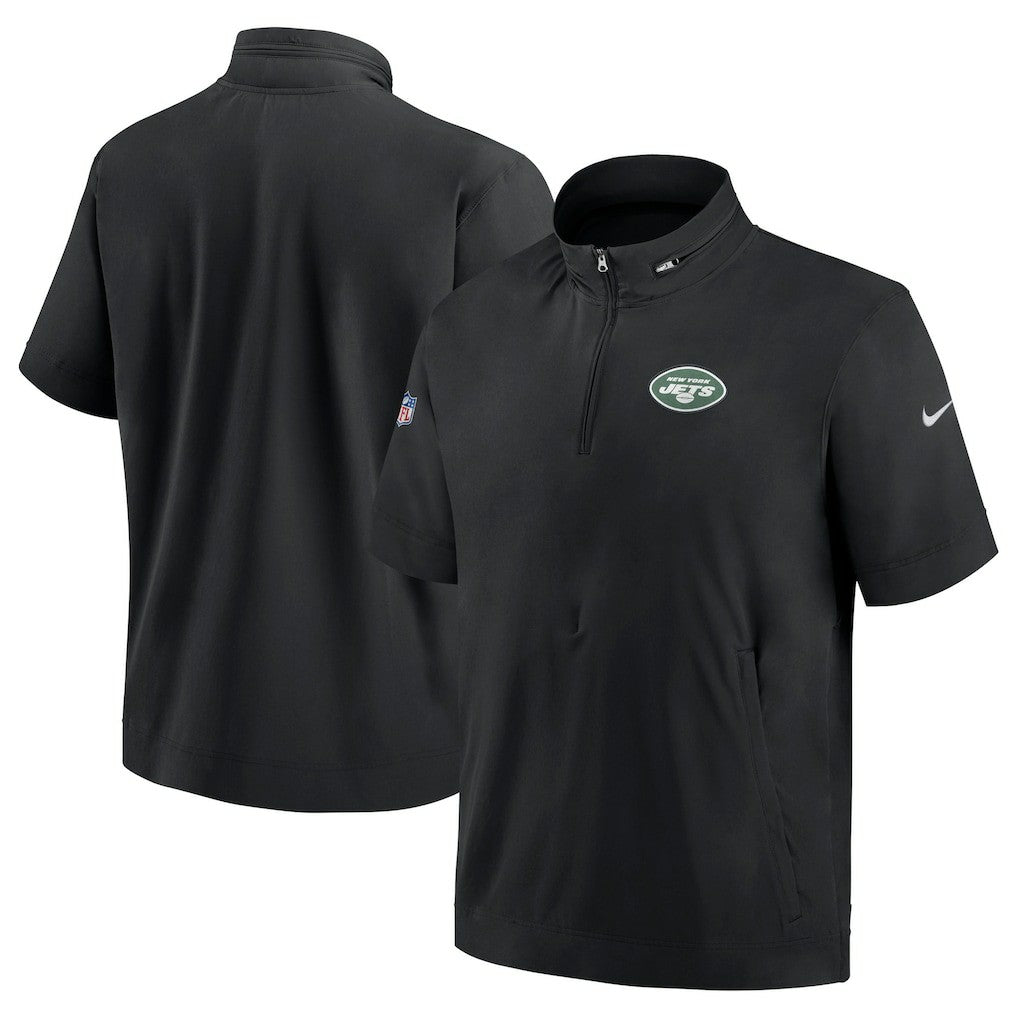 New York Jets Sideline Coach Short Sleeve Hoodie Quarter-Zip Jacket - Black  - Black Hoodies
