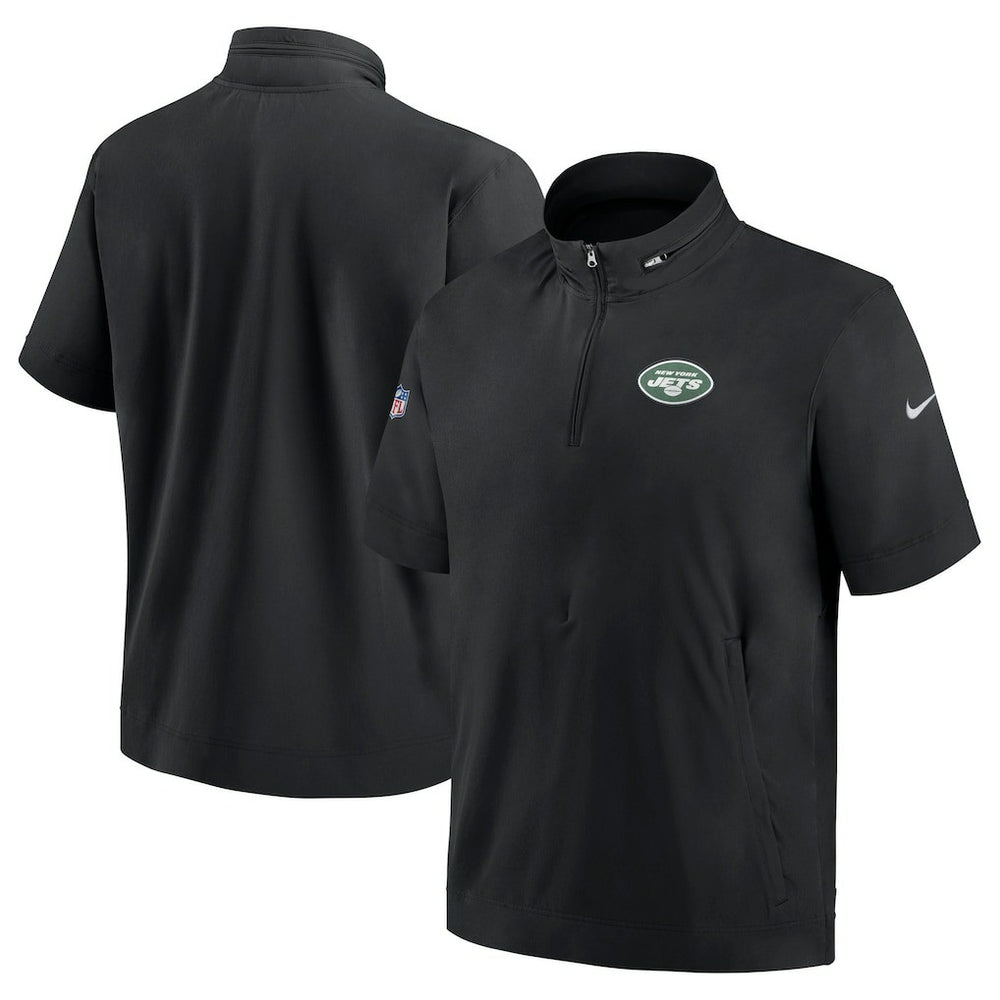 New York Jets Sideline Coach Short Sleeve Hoodie Quarter-Zip Jacket - Black  - Black Hoodies