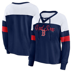 Boston Red Sox Fanatics Women's Even Match Lace-Up Long Sleeve V-Neck T-Shirt - Navy/White T-shirts