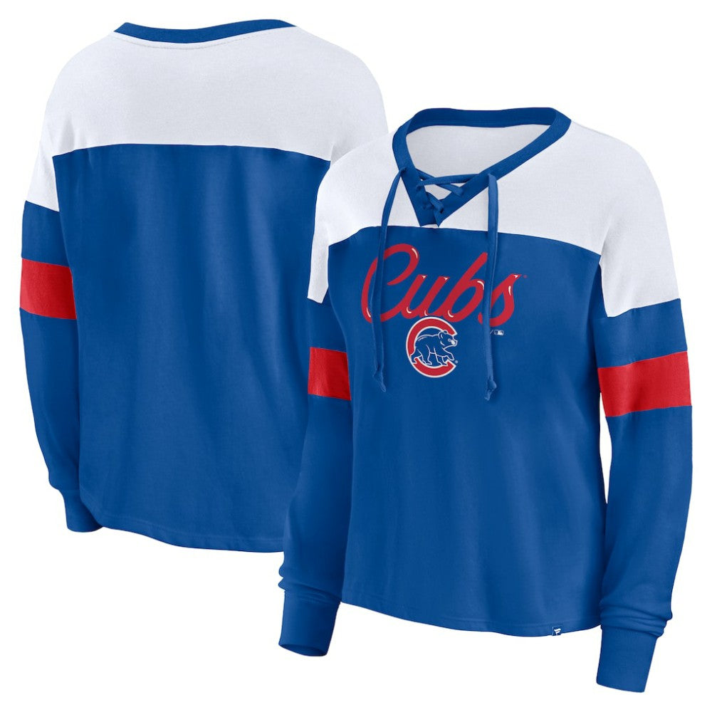 Chicago Cubs Fanatics Women's Even Match Lace-Up Long Sleeve V-Neck T-Shirt - Royal/White T-shirts