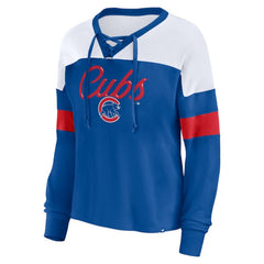 Chicago Cubs Fanatics Women's Even Match Lace-Up Long Sleeve V-Neck T-Shirt - Royal/White T-shirts