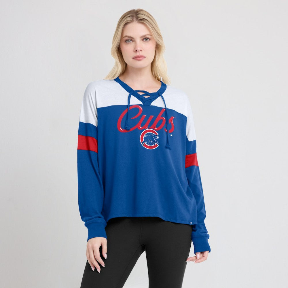 Chicago Cubs Fanatics Women's Even Match Lace-Up Long Sleeve V-Neck T-Shirt - Royal/White T-shirts