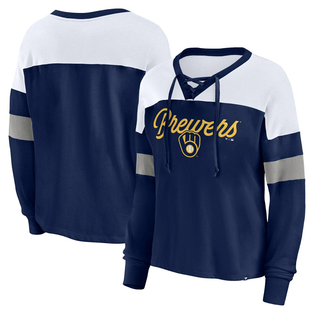 Milwaukee Brewers Fanatics Women's Even Match Lace-Up Long Sleeve V-Neck T-Shirt - Navy/White T-shirts
