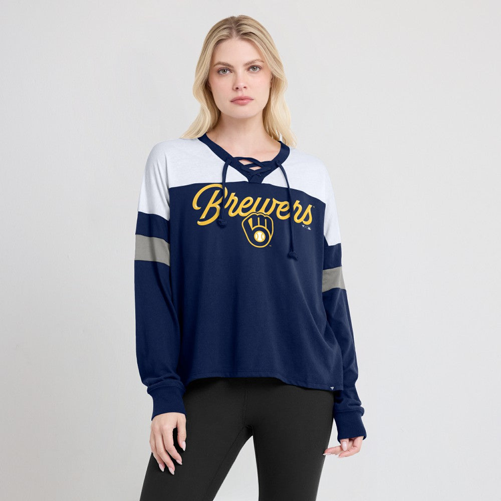 Milwaukee Brewers Fanatics Women's Even Match Lace-Up Long Sleeve V-Neck T-Shirt - Navy/White T-shirts