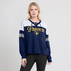 Milwaukee Brewers Fanatics Women's Even Match Lace-Up Long Sleeve V-Neck T-Shirt - Navy/White T-shirts