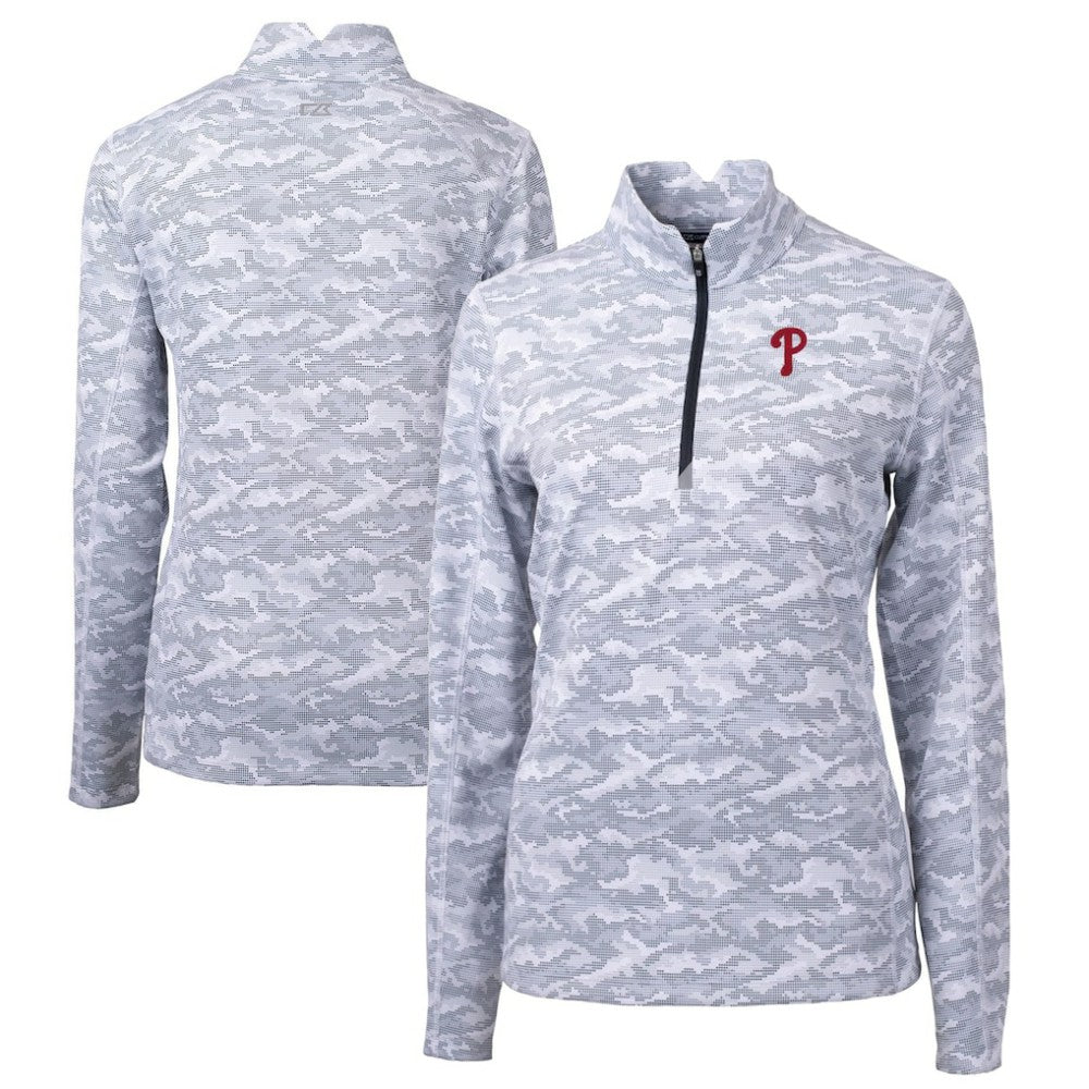 Philadelphia Phillies Cutter & Buck Women's Traverse Camo Print Stretch Quarter-Zip Pullover Top - Charcoal Pullover
