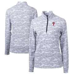 Philadelphia Phillies Cutter & Buck Women's Traverse Camo Print Stretch Quarter-Zip Pullover Top - Charcoal Pullover