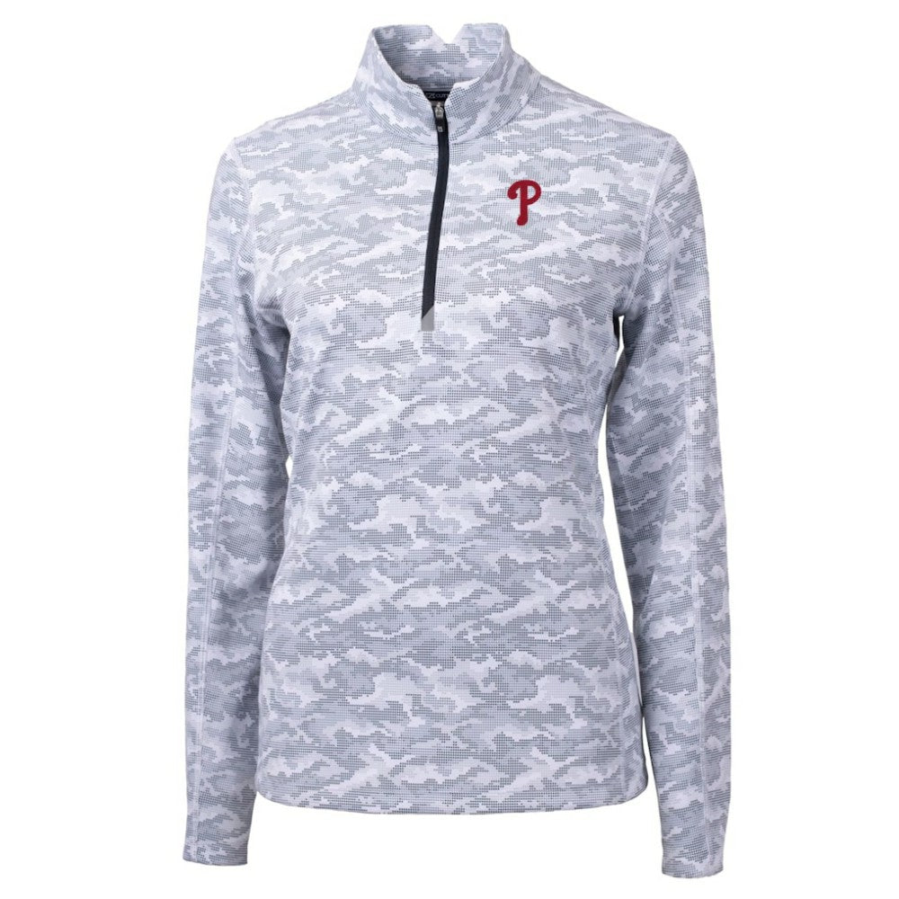 Philadelphia Phillies Cutter & Buck Women's Traverse Camo Print Stretch Quarter-Zip Pullover Top - Charcoal Pullover
