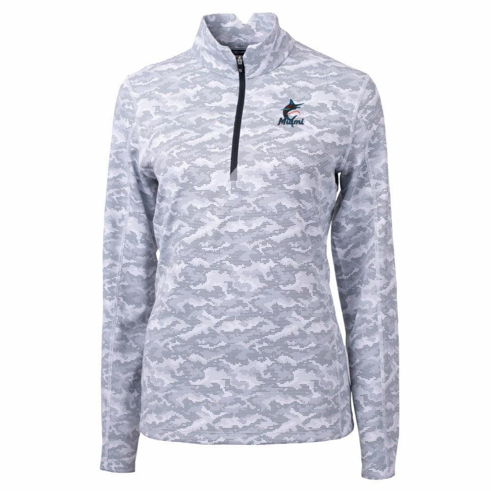 Miami Marlins Cutter & Buck Women's Traverse Camo Print Stretch Quarter-Zip Pullover Top - Charcoal Pullover