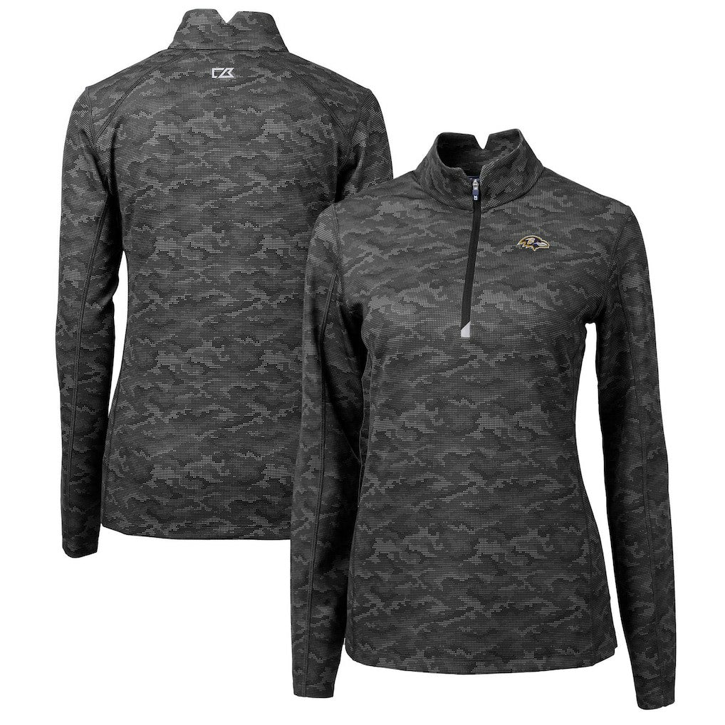 Baltimore Ravens Cutter & Buck Women's Traverse Camo Print Stretch Quarter-Zip Pullover Top - Black Pullover