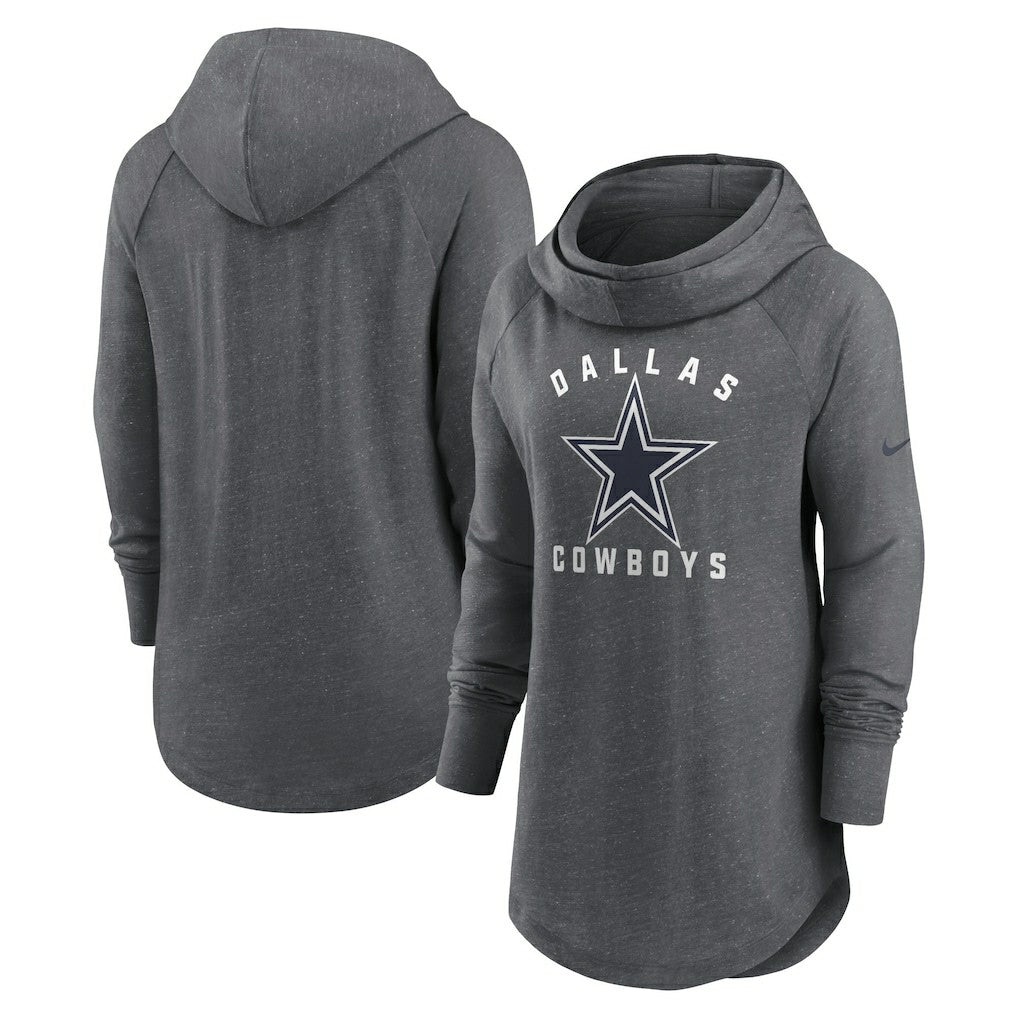 Dallas Cowboys Women's Raglan Funnel Neck Pullover Hoodie - Heather Charcoal Hoodies