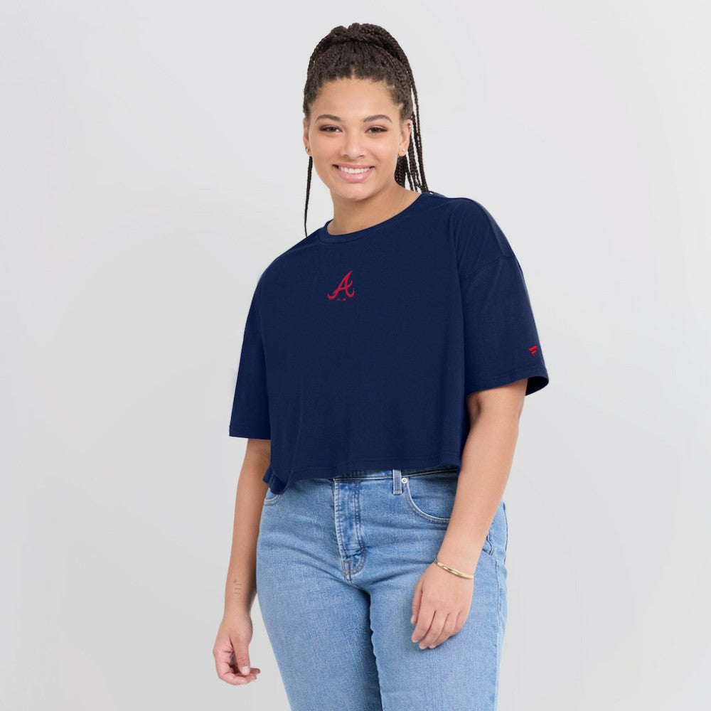 Atlanta Braves Fanatics Women's Elements Super Soft Boxy Cropped T-Shirt - Navy T-shirts