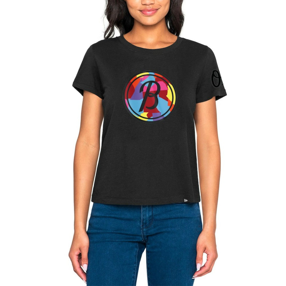 Baltimore Orioles New Era Women's 2023 City Connect Cap Logo T-Shirt - Black T-shirts