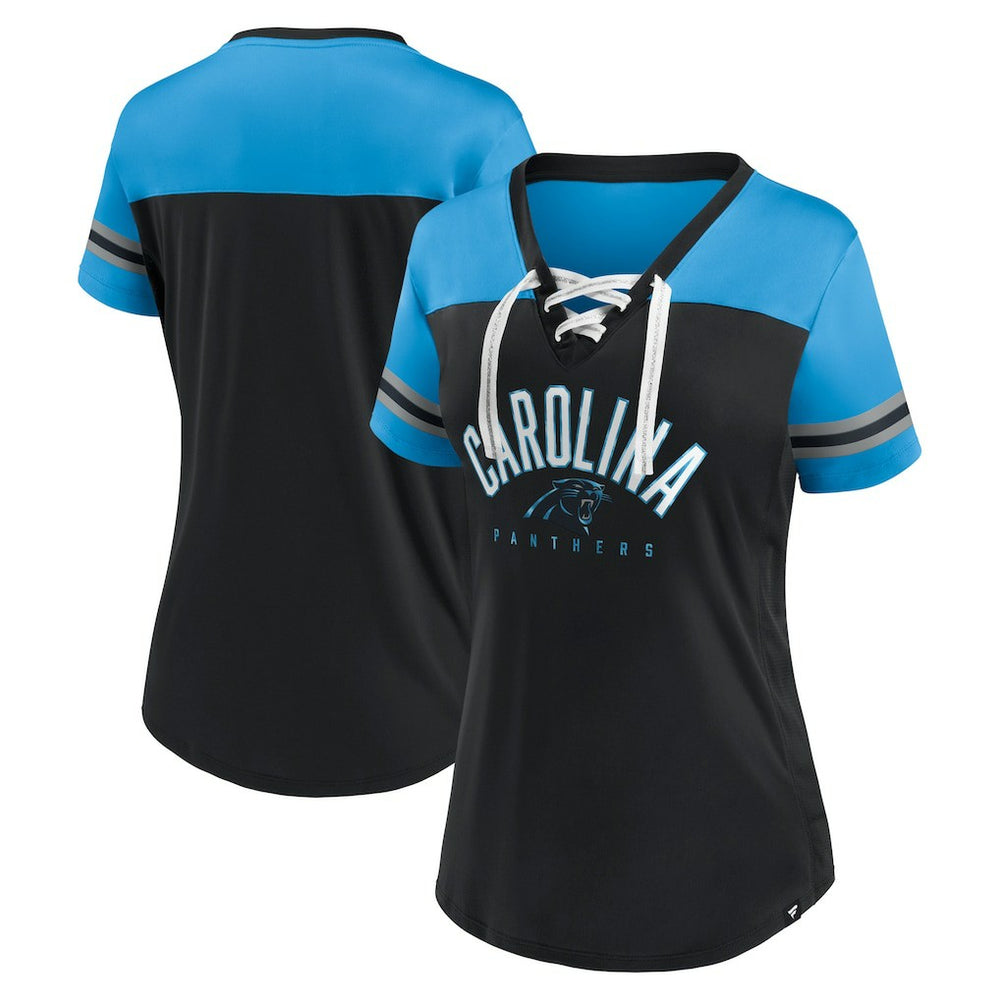 Carolina Panthers Women's Blitz & Glam Lace-Up V-Neck Jersey T-Shirt - Black/Blue T-shirts