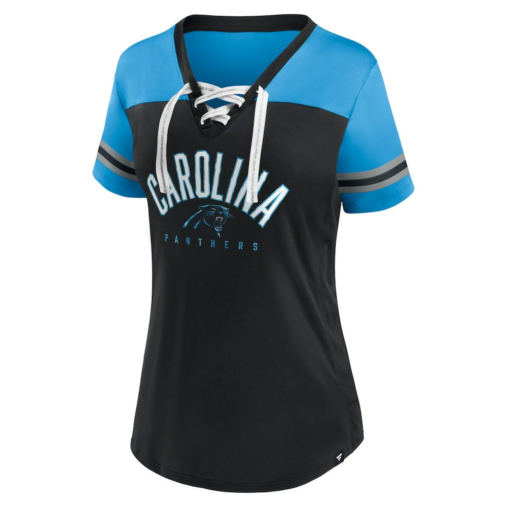 Carolina Panthers Women's Blitz & Glam Lace-Up V-Neck Jersey T-Shirt - Black/Blue T-shirts