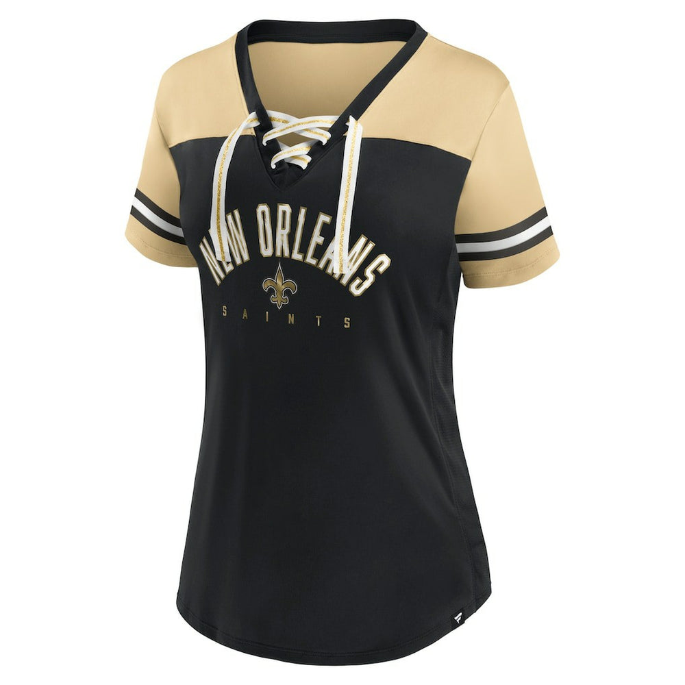 New Orleans Saints Women's Blitz & Glam Lace-Up V-Neck Jersey T-Shirt - Black/Vegas Gold T-shirts