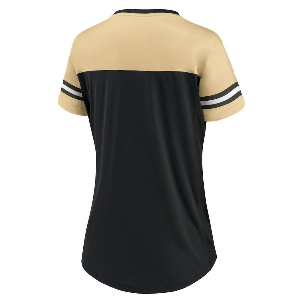 New Orleans Saints Women's Blitz & Glam Lace-Up V-Neck Jersey T-Shirt - Black/Vegas Gold T-shirts