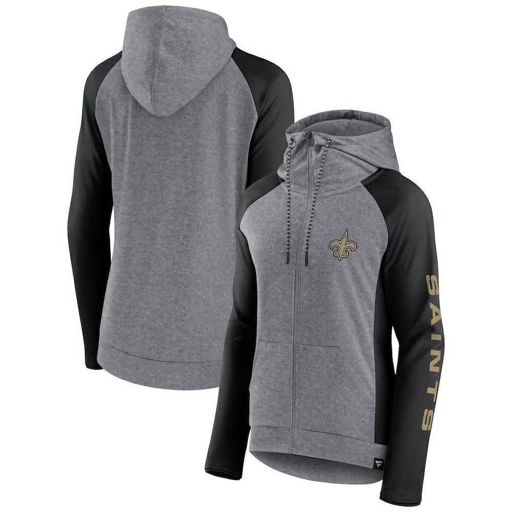 New Orleans Saints Women's Blind Side Lightweight Full-Zip Hoodie - Heather Gray/College Black Hoodies