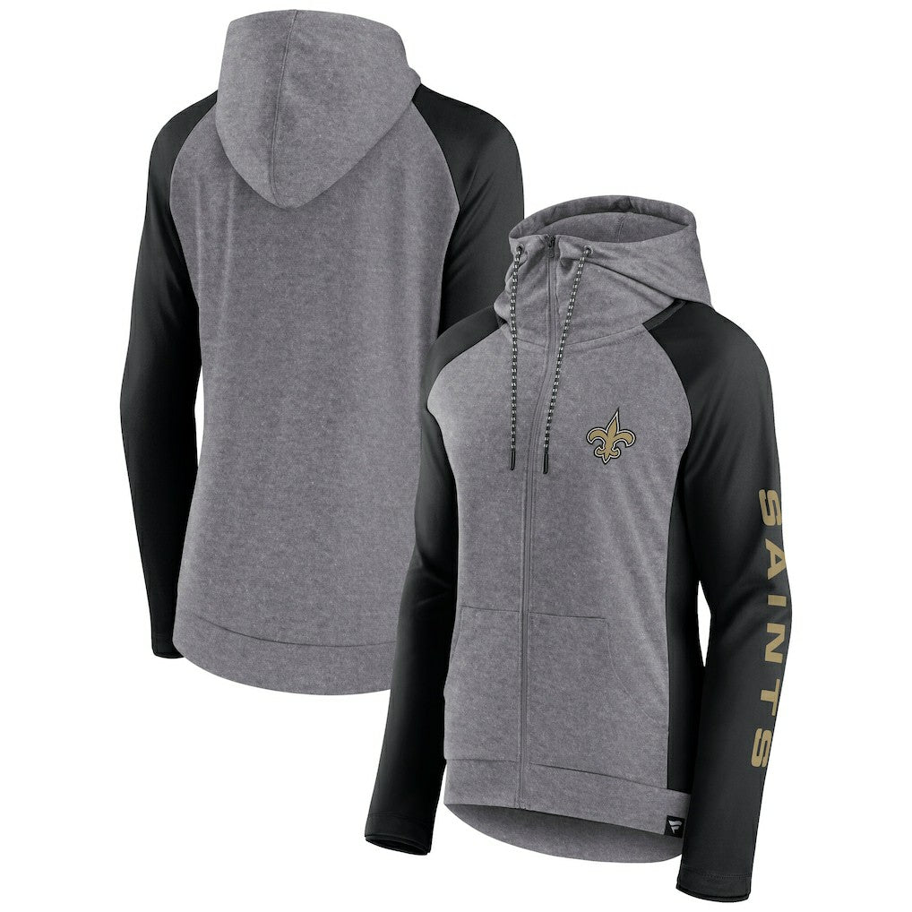 New Orleans Saints Women's Blind Side Lightweight Full-Zip Hoodie - Heather Gray/College Black Hoodies