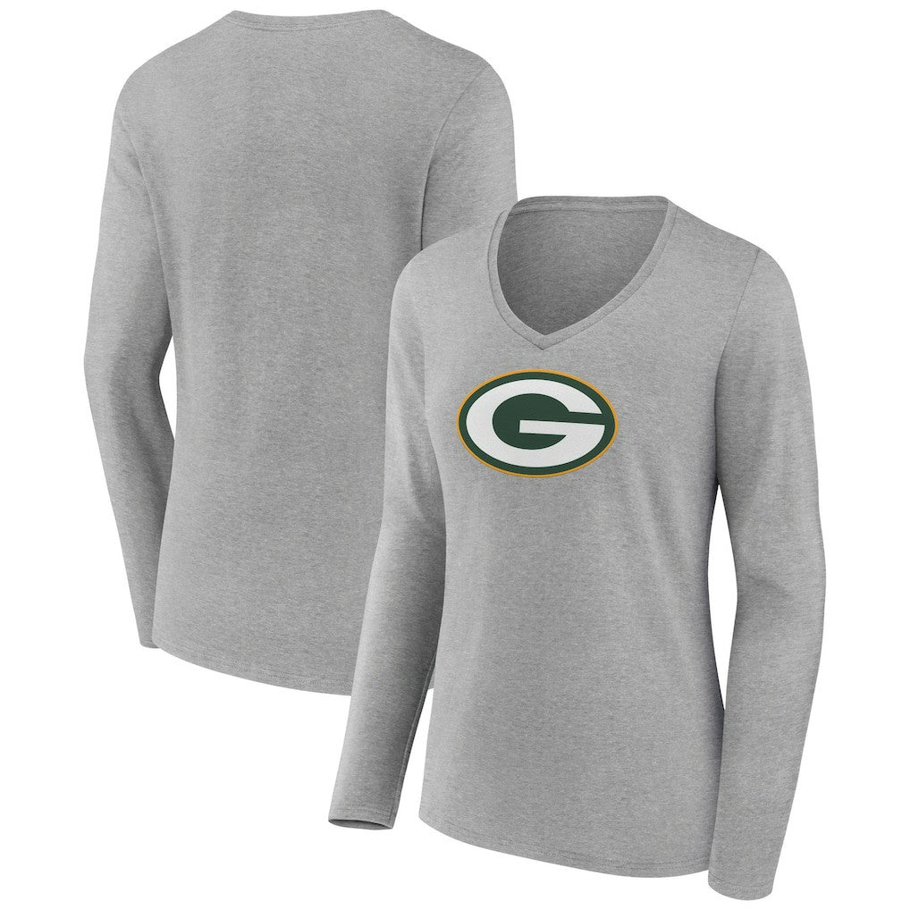 Green Bay Packers Women's Primary Team Logo Long Sleeve V-Neck T-Shirt - Heather Gray T-shirts