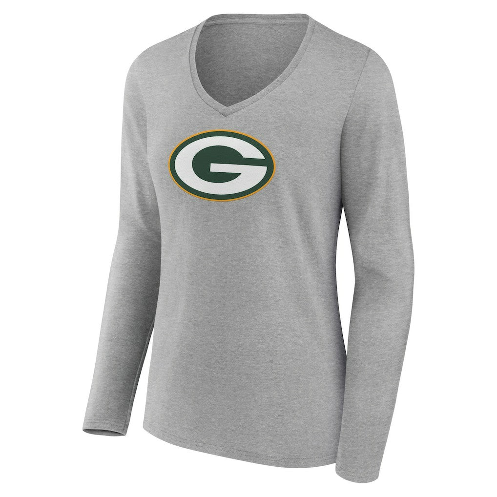 Green Bay Packers Women's Primary Team Logo Long Sleeve V-Neck T-Shirt - Heather Gray T-shirts