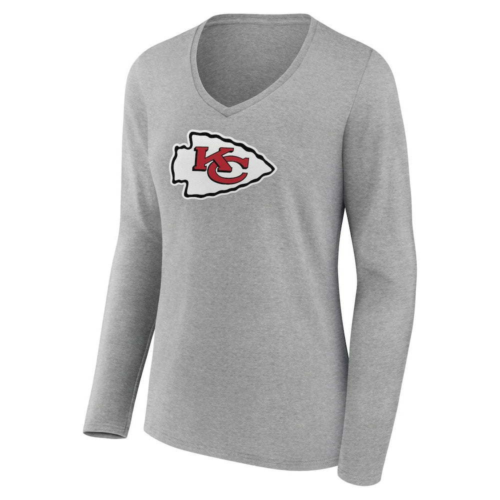 Kansas City Chiefs Women's Primary Team Logo Long Sleeve V-Neck T-Shirt - Heather Gray T-shirts