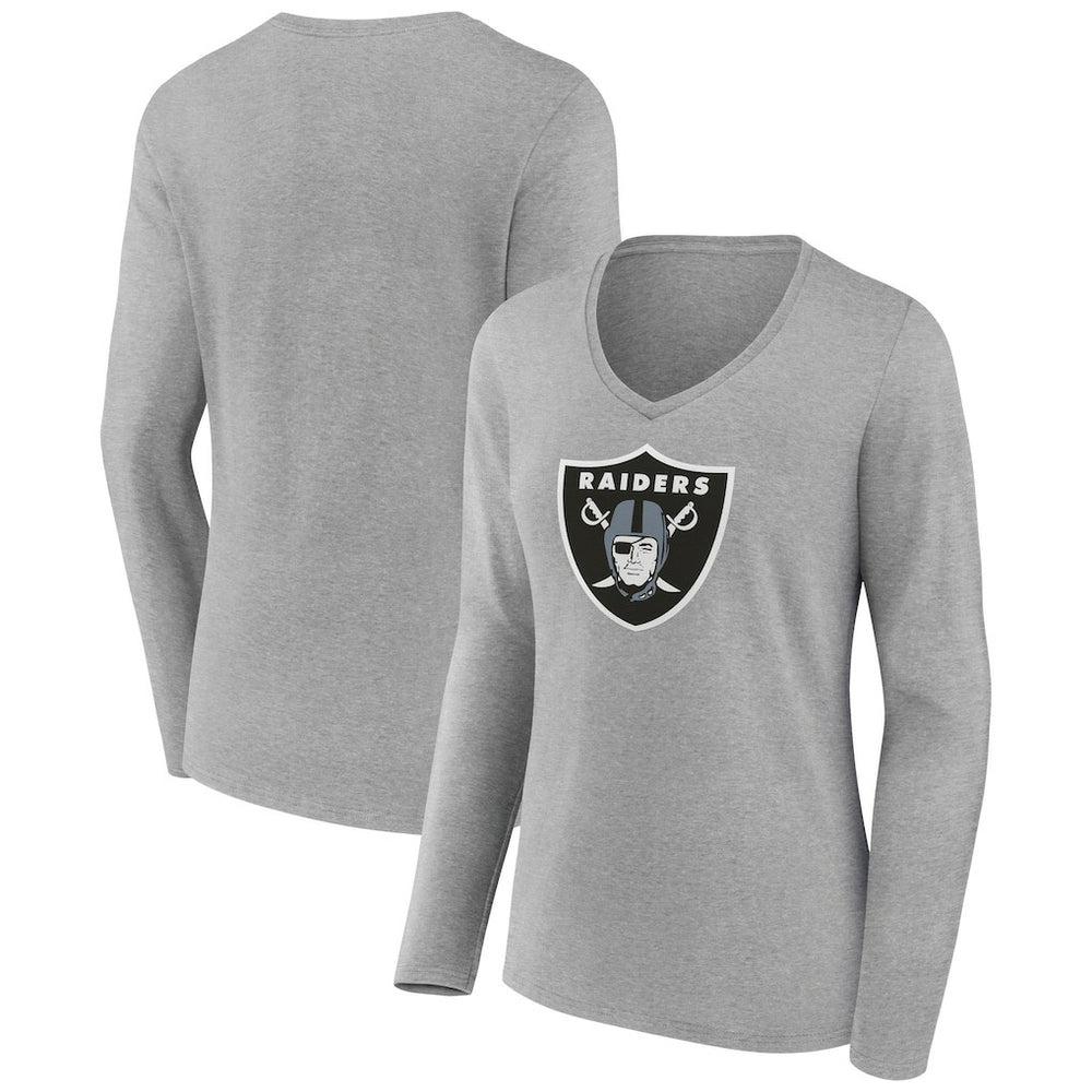 Las Vegas Raiders Women's Primary Team Logo Long Sleeve V-Neck T-Shirt - Heather Gray T-shirts