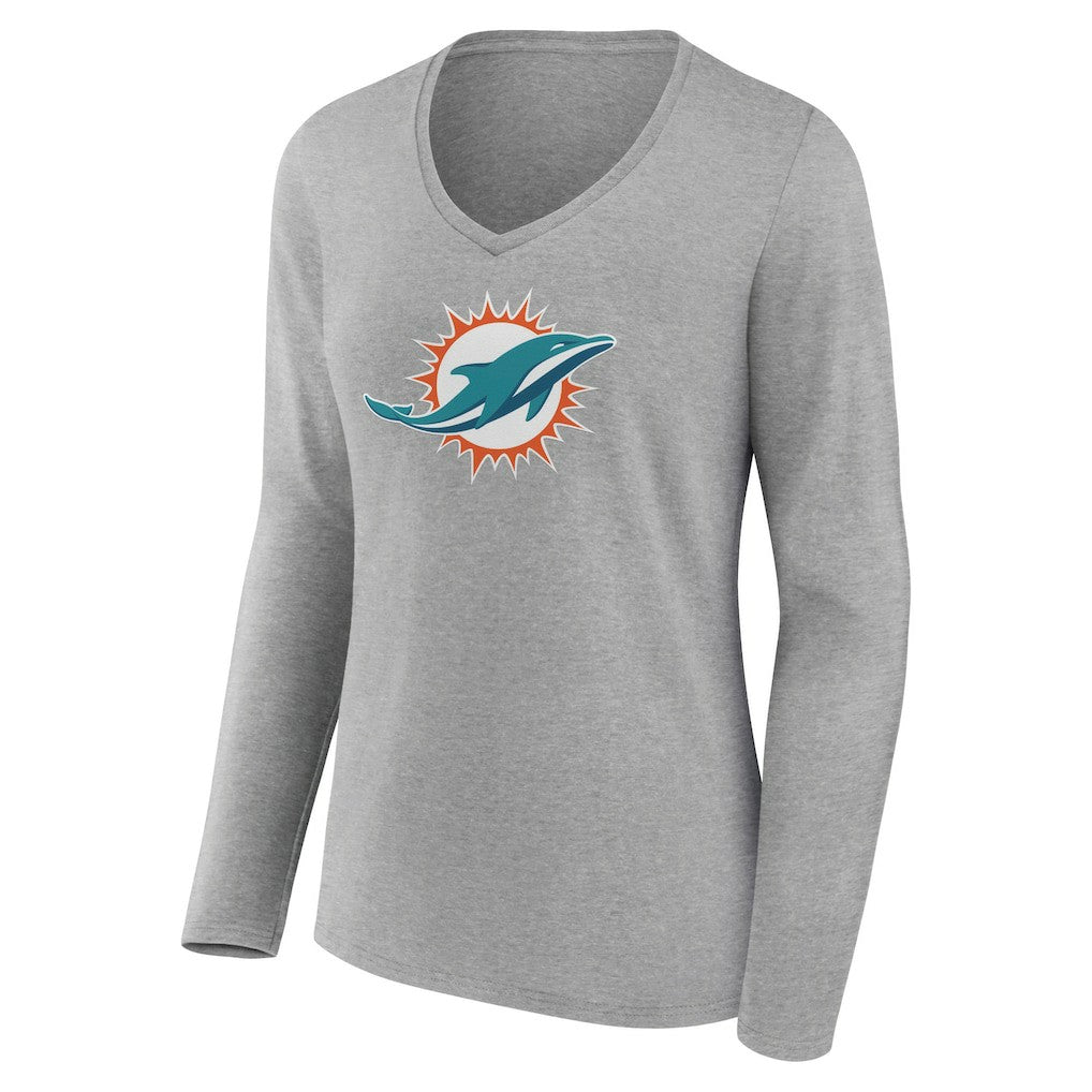 Miami Dolphins Women's Primary Team Logo Long Sleeve V-Neck T-Shirt - Heather Gray T-shirts