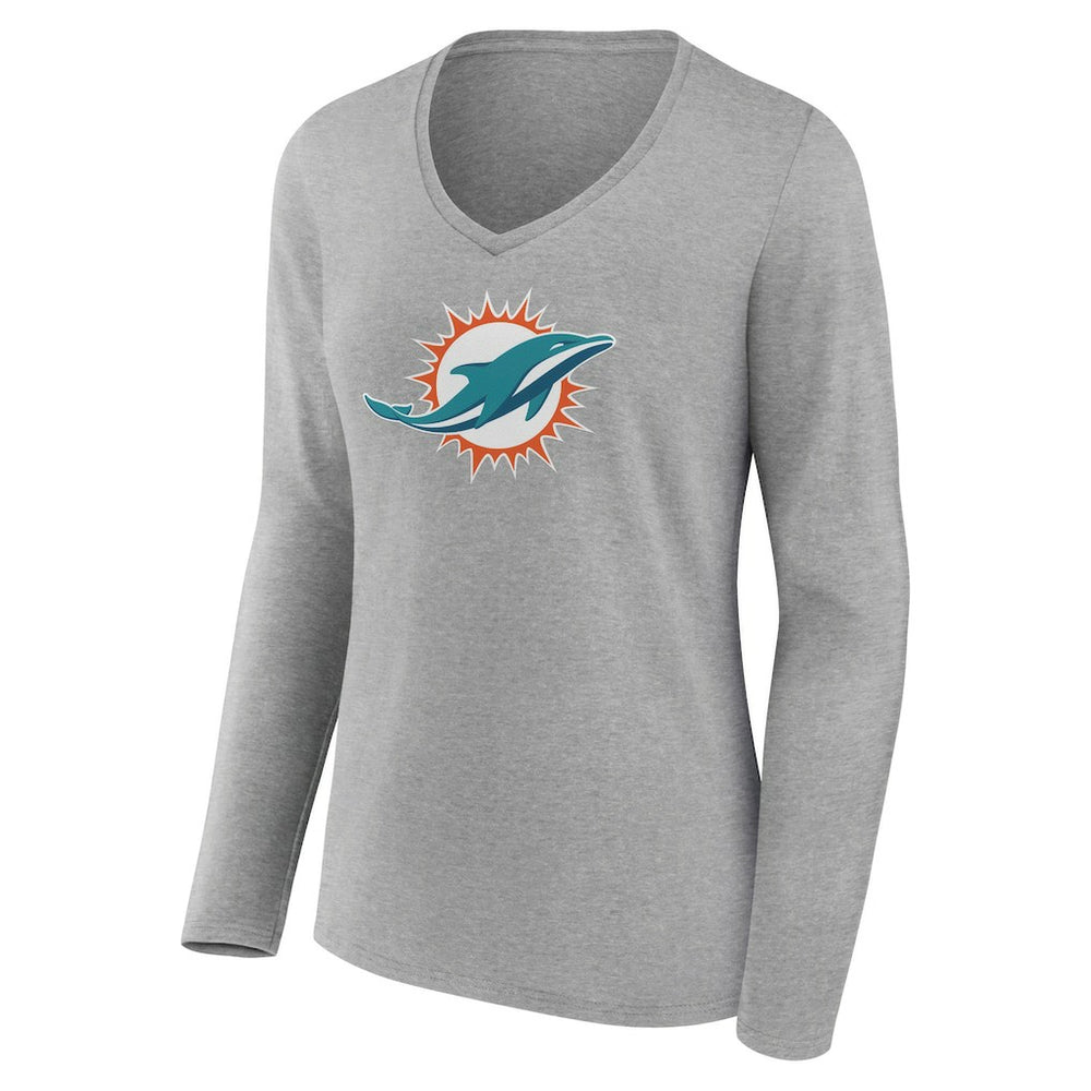 Miami Dolphins Women's Primary Team Logo Long Sleeve V-Neck T-Shirt - Heather Gray T-shirts