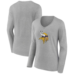 Minnesota Vikings Women's Primary Team Logo Long Sleeve V-Neck T-Shirt - Heather Gray T-shirts