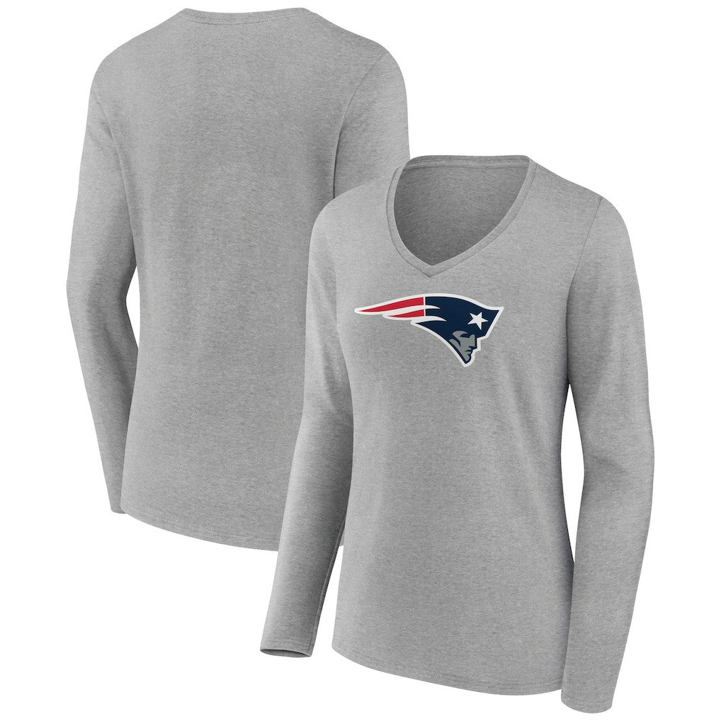 New England Patriots Women's Primary Team Logo Long Sleeve V-Neck T-Shirt - Heather Gray T-shirts