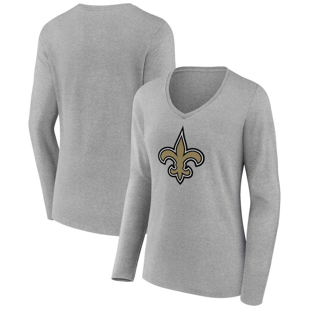New Orleans Saints Women's Primary Team Logo Long Sleeve V-Neck T-Shirt - Heather Gray T-shirts