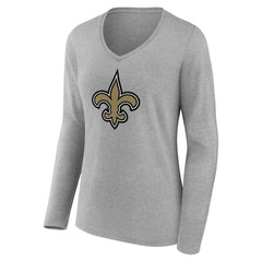 New Orleans Saints Women's Primary Team Logo Long Sleeve V-Neck T-Shirt - Heather Gray T-shirts