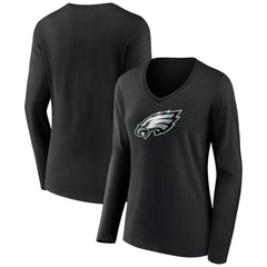 Philadelphia Eagles Women's Primary Team Logo Long Sleeve V-Neck T-Shirt - Black T-shirts