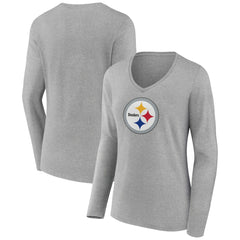 Pittsburgh Steelers Women's Primary Team Logo Long Sleeve V-Neck T-Shirt - Heather Gray T-shirts