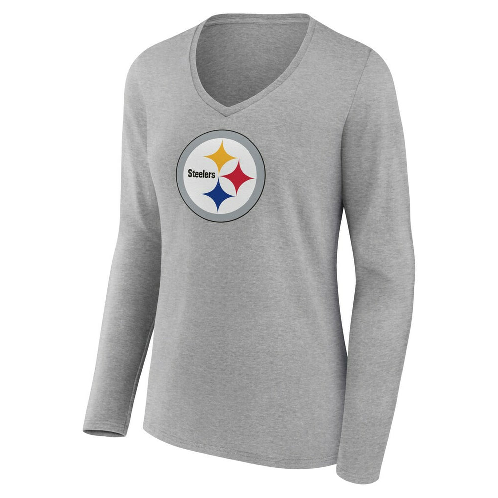 Pittsburgh Steelers Women's Primary Team Logo Long Sleeve V-Neck T-Shirt - Heather Gray T-shirts